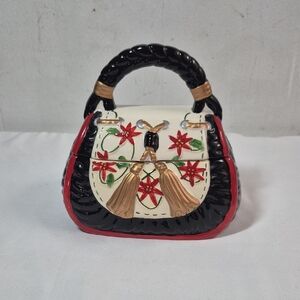 Elegant Floral Ceramic Mini Bag - Black, Red, and Cream